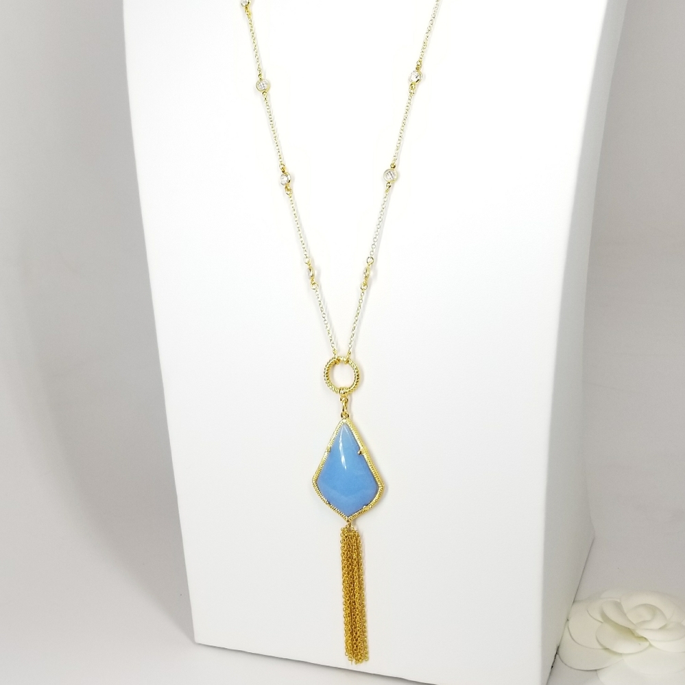 2 Ways Tassel Blue Agate CZ Necklace NWT - Picture 9 of 10